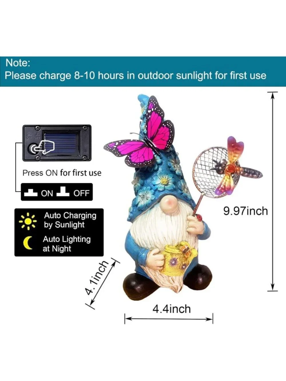Solar Garden Gnome Statue with Butterfly & LED Flowers - Outdoor Decor for Patio
